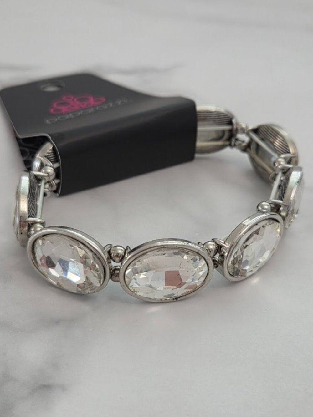 Paparazzi Silver Oval Crystal Rhinestone Stretch Bracelet Chunky Bling NWT